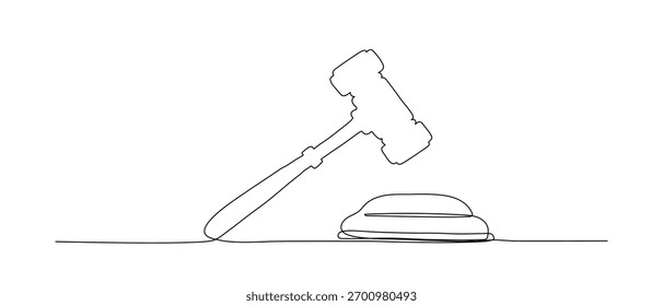 Ilustração de vetor de linha contínua de martelo de lei. Juiz rabiscou o esboço. Uma silhueta de linha isolada sobre fundo branco.