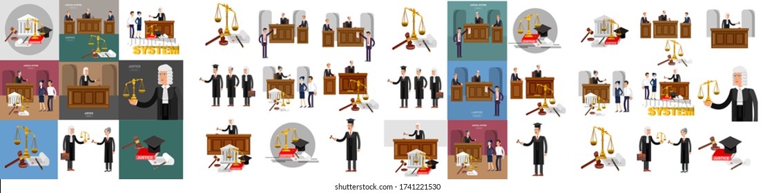 Law horizontal banner set with judical system elements and Vector detailed character the judge and the lawyer, cool flat illustration isolated vector