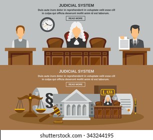 Law Horizontal Banner Set With Judical System Elements Isolated Vector Illustration