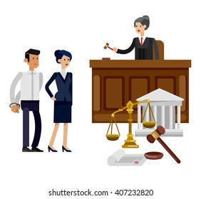 Law horizontal banner set with judical system elements and Law Vector detailed character the judge and the lawyer