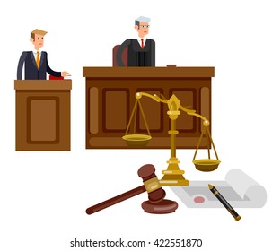 Law horizontal banner set with judical system elements and Vector detailed character the judge and the lawyer