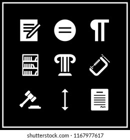 law icon. 9 law vector set. paragraph, hammer legal tool symbol, document paper and clamp icons for web and design about law theme