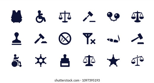 Law icon. collection of 18 law filled icons such as disabled, stamp, cigarette, auction hummer, scales, sheriff, no smoking, no signal. editable law icons for web and mobile.