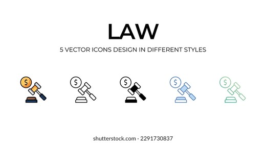 Law Icon Design in Five style with Editable Stroke. Line, Solid, Flat Line, Duo Tone Color, and Color Gradient Line. Suitable for Web Page, Mobile App, UI, UX and GUI design.