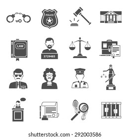 Law icon flat black set with lawyer courthouse judge isolated vector illustration