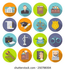 Law icon flat set with lawyer jail court jury isolated vector illustration