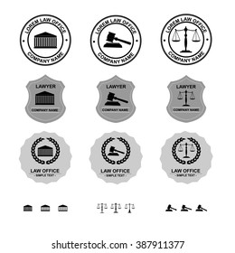Law icon flat set with Law logo template, Law office logo collection. The judge, , lawyer set of vintage labels isolated on withe background, vector illustration.
