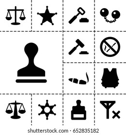 Law icon. set of 13 filled lawicons such as stamp, cigarette, sheriff, no smoking, no signal, ball chain, bulletproof vest, scales
