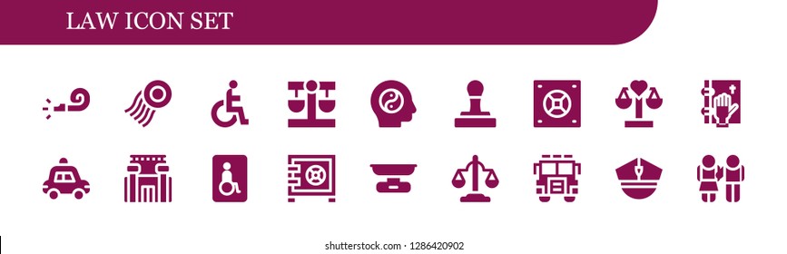  law icon set. 18 filled law icons. Simple modern icons about  - Whistle, Stamp, Disability, Balance, Safebox, Oath, Police car, Prison, Wheelchairs, Scale, Equality, Jury, Police