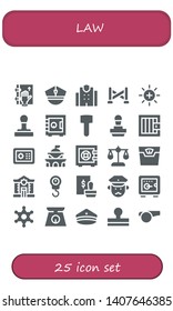 law icon set. 25 filled law icons.  Collection Of - Oath, Police, Police station, Police line, Balance, Stamp, Safebox, Mallet, Jail, Government, Scale, Policeman, Sheriff, hat