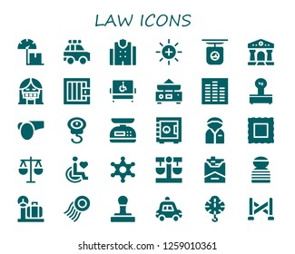  law icon set. 30 filled law icons. Simple modern icons about  - Scale, Police car, Police station, Balance, Courthouse, Censor, Jail, Disabled, Equalizer, Scales, Whistle, Safebox