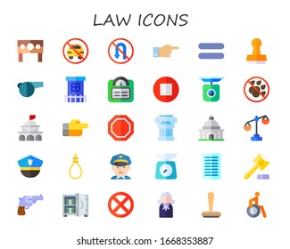 law icon set. 30 flat law icons.  Simple modern icons such as: punishment, no parking, no turn, decree, equal, stamp, whistle, Prison, scale, stop, no pets, government, decorative column