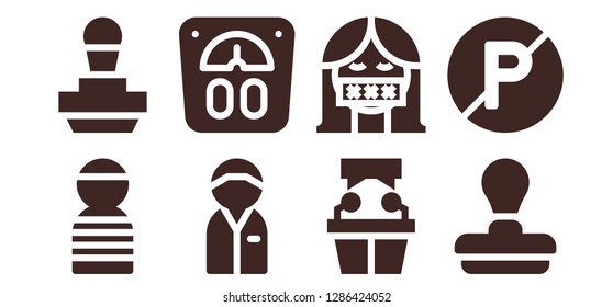  law icon set. 8 filled law icons. Simple modern icons about  - Prisioner, Stamp, Policeman, Scale, Witness, Censor, No parking