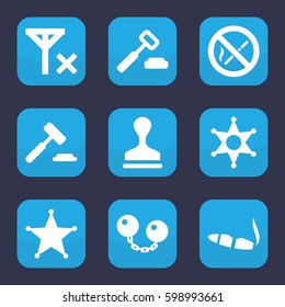 law icon. Set of 9 filled law icons such as cigarette, stamp, sheriff, no smoking, no signal, ball chain