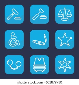 law icon. Set of 9 outline law icons such as disabled, cigarette, sheriff, ball chain, bulletproof vest, auction hummer