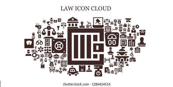  law icon set. 93 filled law icons. Simple modern icons about  - Jail, Scales, Restriction, Courthouse, Wheelchair, Auction, Stamp, Scale, Police car, Burglar, Prisioner, Disabled