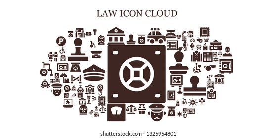 law icon set. 93 filled law icons.  Simple modern icons about  - Safebox, Stamp, Prison, Courthouse, Scale, Police car, Witness, Policeman, Balance, Equality, Disabled, Mallet