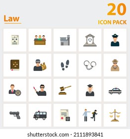Law icon set. Collection of simple elements such as the legal document, jury, jail, footprint, police handcuffs, lawyer, courthhouse.