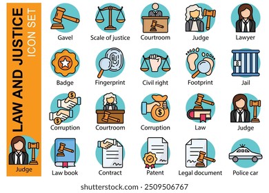 Law icon set. colored outline icon style. icon related to law and justice. scale of justice, judge, corruption, and more.  law element vector illustration