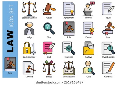 Conjunto de ícones de lei. estilo de ícone colorido. contendo escalas de ícone de justiça, testemunha, constituição e muito mais. Ilustração vetorial do elemento Direito e Justiça