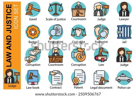 Law icon set. colored outline icon style. icon related to law and justice. scale of justice, judge, corruption, and more.  law element vector illustration