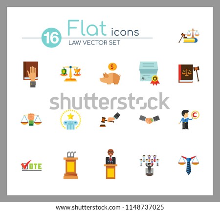 Law Icon Set. Copyright Hand With Gavel Scales Law Concept Scales With Cup And Shield Corruption Civil Rights Business Law Piggy Bank Lawyer Sign Law Shield Justice Patenting