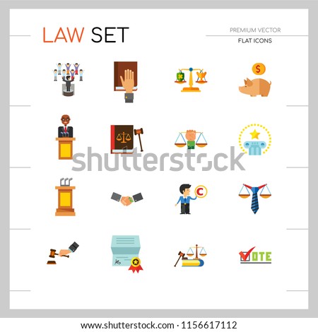 Law Icon Set. Copyright Hand With Gavel Scales Law Concept Scales With Cup And Shield Corruption Civil Rights Business Law Piggy Bank Lawyer Sign Law Shield Justice Patenting
