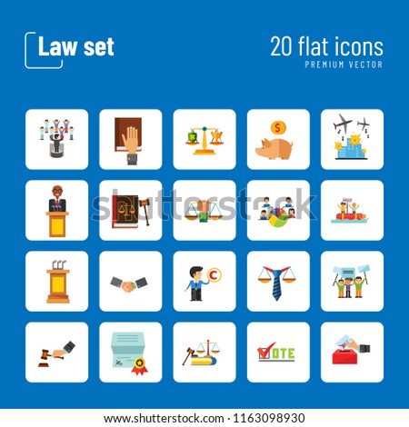 Law Icon Set. Copyright Hand With Gavel Scales Law Concept Scales With Cup And Shield Corruption Civil Rights Business Law Piggy Bank Lawyer Sign Law Shield Justice Patenting
