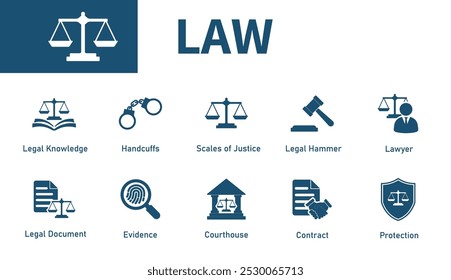 Law icon. Set of icons on the theme of scales of justice, court, legal knowledge, lawyer, handcuffs. Solid vector icons.