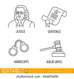 Law Icon Set Include Jude Sentence Handclufs Jude Gawel. Editable Vector Icon In Linear Style.