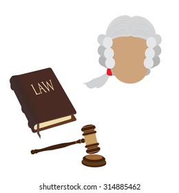 Law icon set with judge character in old wig, gavel and law book. Law and judgment legal justice icon flat collection