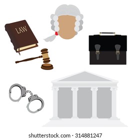 Law icon set with judge in old wig, handcuffs, courthouse, briefcase, gavel and law book