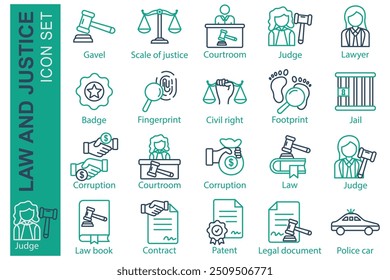 Law icon set. line icon style. icon related to law and justice. scale of justice, judge, corruption, and more.  law element vector illustration