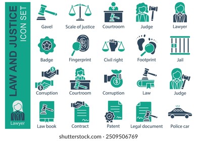 Conjunto de ícones de lei. estilo de ícone sólido. ícone relacionado à lei e à justiça. escala de justiça, juiz, corrupção e muito mais. ilustração de vetor de elemento de lei