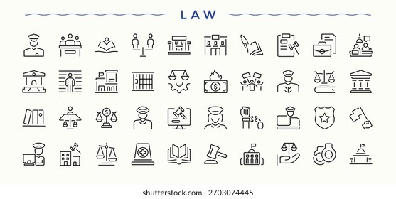 Conjunto de iconos de ley. Iconos de la interfaz de usuario de Asistencia en un estilo delgado. Colección de iconos de contorno. Conjunto de iconos de línea de Asistencia. colecciones de Vector.