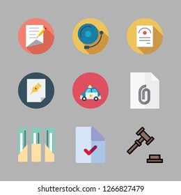 law icon set. vector set about auction, document, alarm bell and police car icons set.