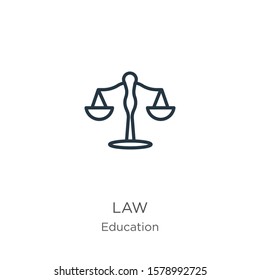 Law icon. Thin linear law outline icon isolated on white background from education collection. Line vector sign, symbol for web and mobile