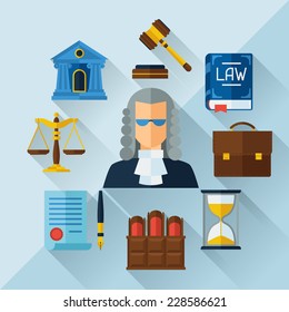 Law icons background in flat design style.