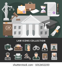 Law icons background with set of isolated emoji style justice icons and flat legal images composition vector illustration