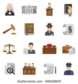 Law icons flat set with judge courthouse bible isolated vector illustration