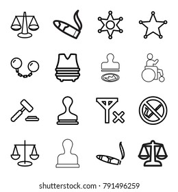 Law icons. set of 16 editable outline law icons such as cigarette, stamp, auction hummer, scales, sheriff, no smoking, no signal, ball chain, bulletproof vest