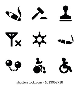 Law icons. set of 9 editable filled law icons such as disabled, cigarette, stamp, auction hummer, sheriff, no signal