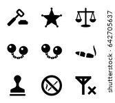 Law icons set. set of 9 law filled icons such as cigarette, stamp, sheriff, no smoking, no signal, ball chain, auction hummer