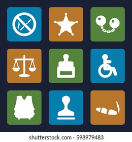 law icons set. Set of 9 law filled icons such as disabled, stamp, cigarette, sheriff,  etc.