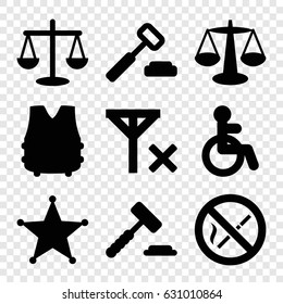 Law icons set. set of 9 law filled icons such as disabled, sheriff, no smoking, no signal, bulletproof vest, scales