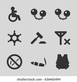 Law icons set. set of 9 law filled icons such as disabled, cigarette, sheriff, no smoking, no signal, ball chain, bulletproof vest
