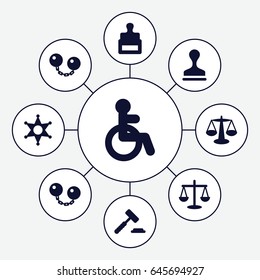 Law icons set. set of 9 law filled icons such as disabled, stamp, sheriff, ball chain, scales