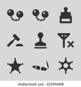 Law icons set. set of 9 law filled icons such as stamp, cigarette, sheriff, no signal, ball chain