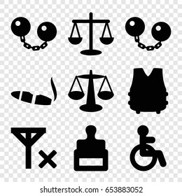 Law icons set. set of 9 law filled icons such as disabled, stamp, cigarette, no signal, ball chain, bulletproof vest