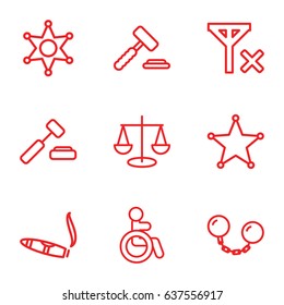 Law icons set. set of 9 law outline icons such as disabled, cigarette, sheriff, no signal, ball chain, auction hummer